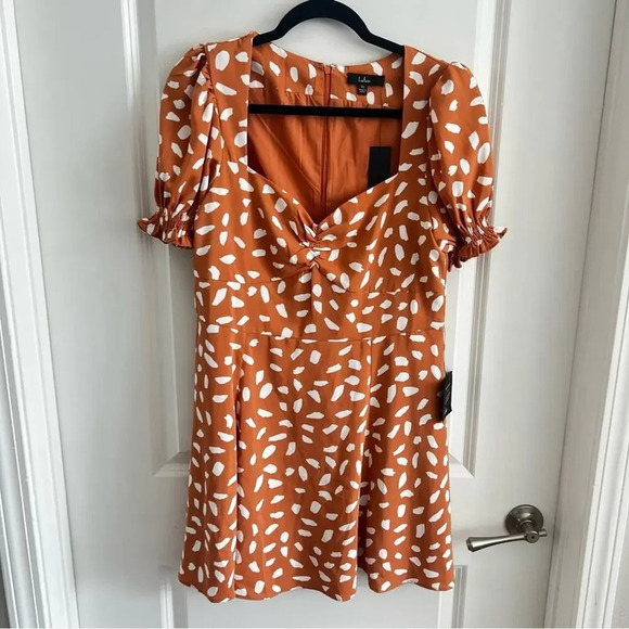 B98 NEW Lulu’s Oh My Darlin' Orange Print Puff Sleeve Mini Dress - Picture 3 of 8